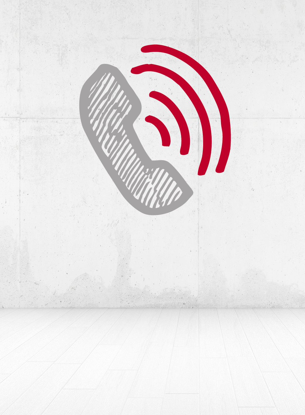 schwarz/weißes unscharfes Bild, im Vordergrund eine Grafik mit einer grauen symbolischen Telefonhörer und roten Linien