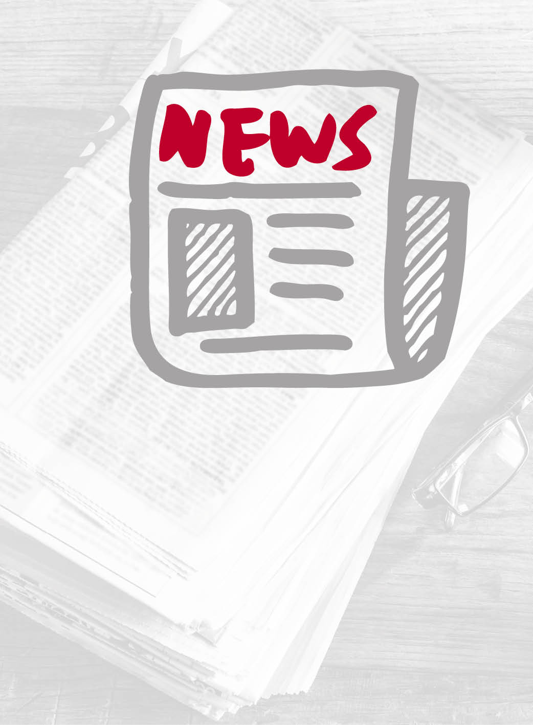 schwarz/weißes unscharfes Bild mit Zeitungen, im Vordergrund eine Grafik mit rotem Herz und eine graue Grafik einer Zeitung und der Schrift News