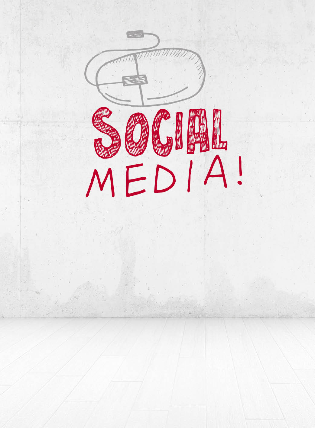 schwarz/weißes unscharfes Bild, im Vordergrund eine Grafik mit einer grauen symbolischen Computermaus und dem Schriftzug Social Media
